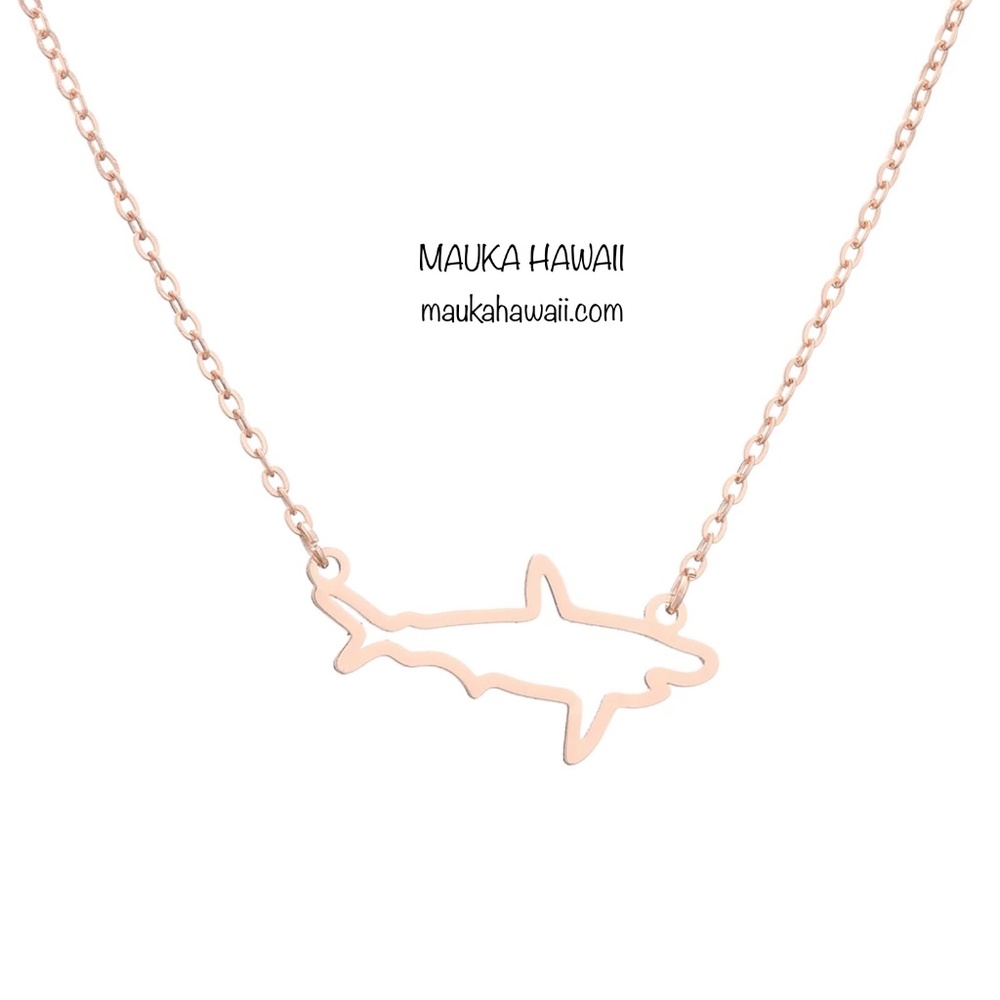 Stainless Ocean Shark Rose Gold Silhouette Pendant Charm Necklace 18in Chain NEW